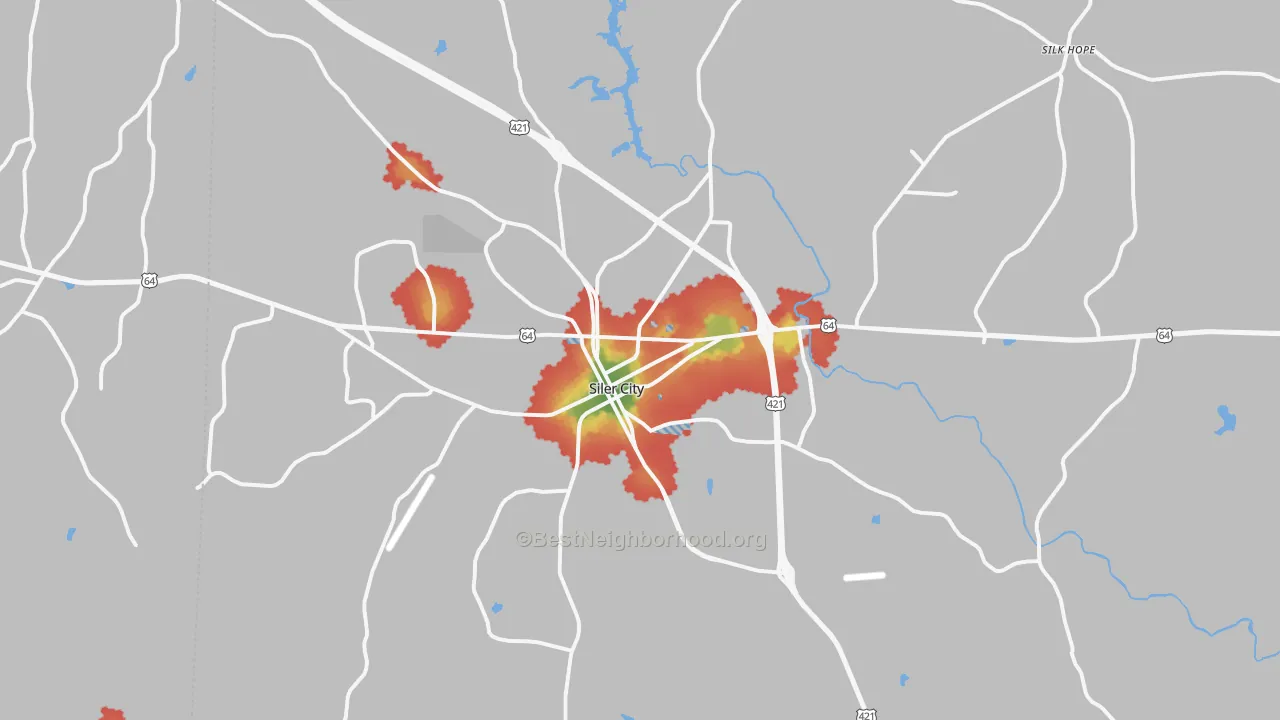 Walk Grade map of Siler City, NC, walkable areas in green and car-dependent areas in red