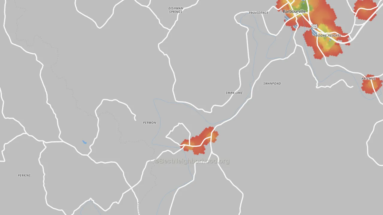 Walk Grade map of Siler, KY, walkable areas in green and car-dependent areas in red