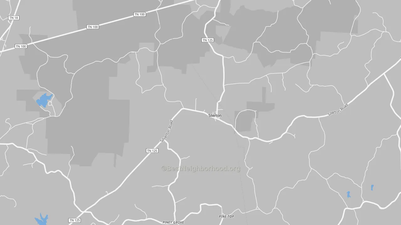 Walk Grade map of Silerton, TN, walkable areas in green and car-dependent areas in red