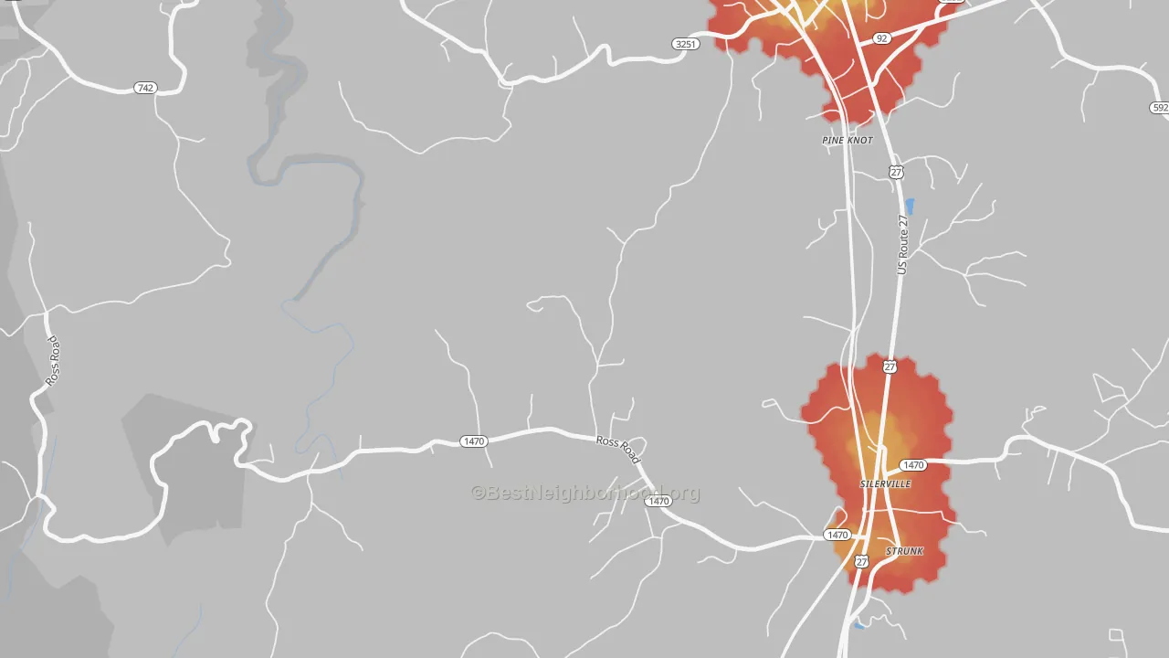 Walk Grade map of Silerville, KY, walkable areas in green and car-dependent areas in red