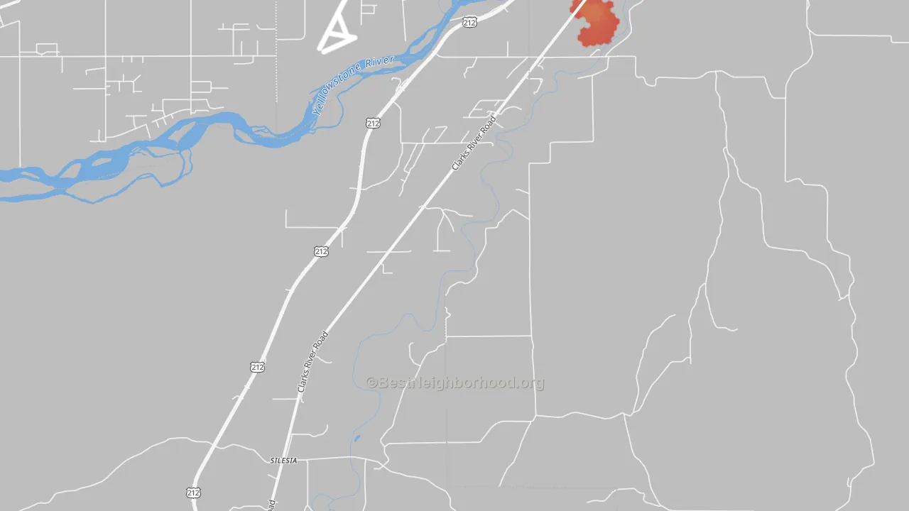 Walk Grade map of Silesia, MT, walkable areas in green and car-dependent areas in red