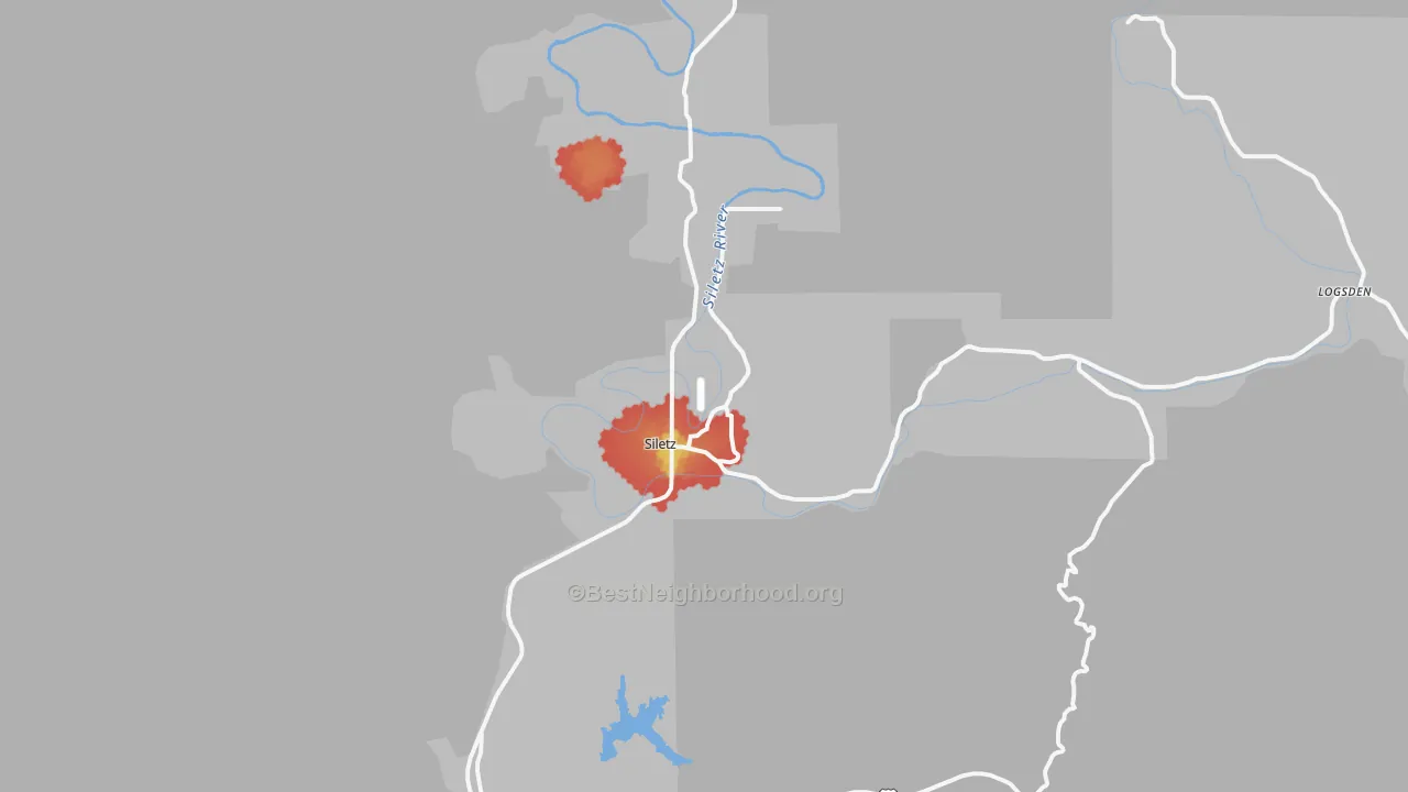 Walk Grade map of Siletz, OR, walkable areas in green and car-dependent areas in red