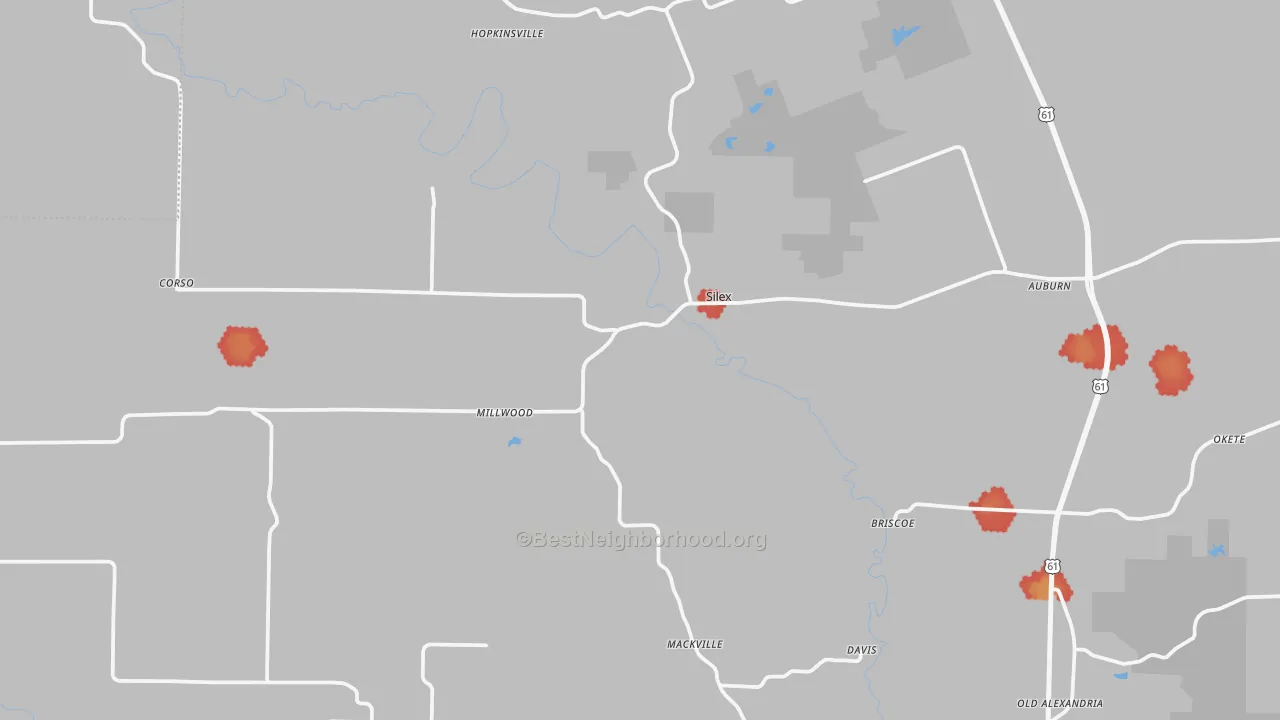 Walk Grade map of Silex, MO, walkable areas in green and car-dependent areas in red