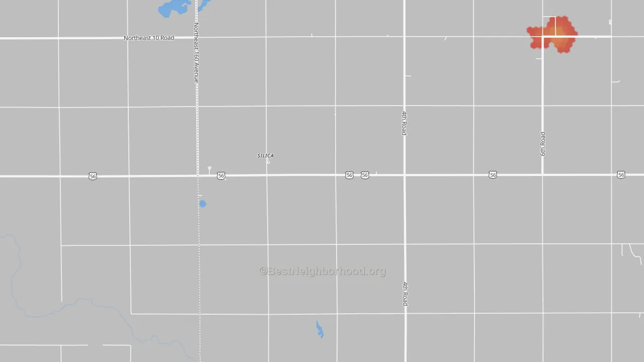 Walk Grade map of Silica, KS, walkable areas in green and car-dependent areas in red