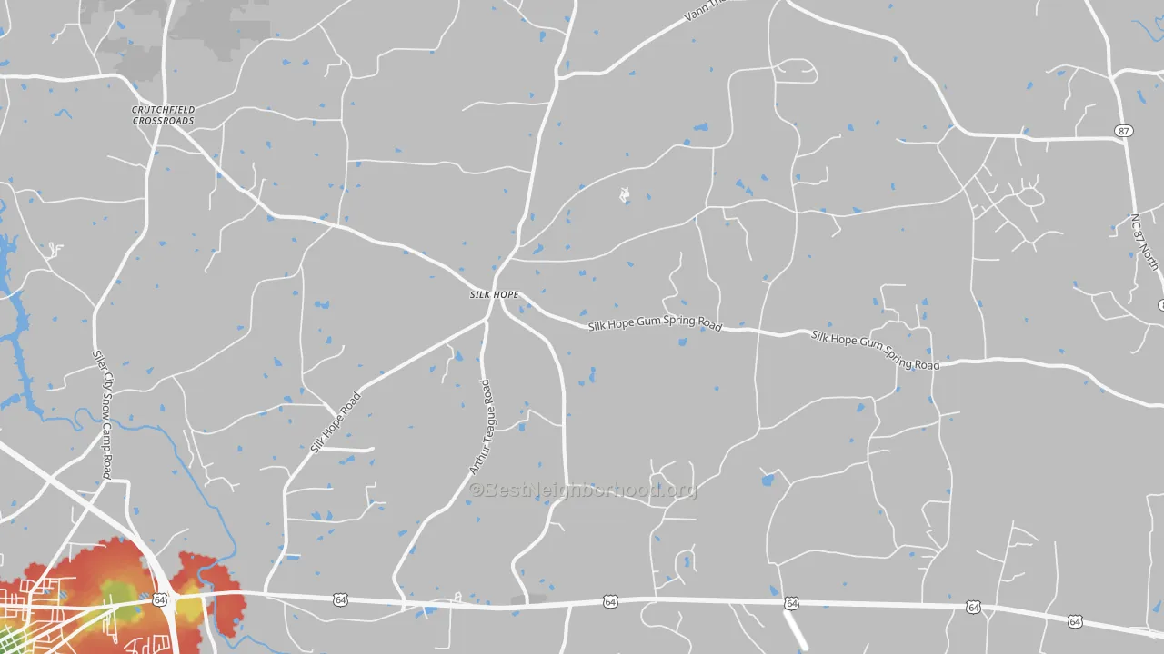 Walk Grade map of Silk Hope, NC, walkable areas in green and car-dependent areas in red