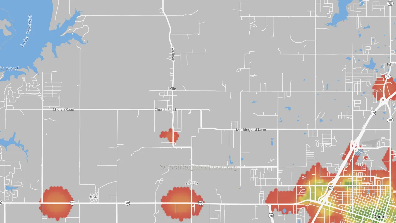 Walk Grade map of Silo, OK, walkable areas in green and car-dependent areas in red