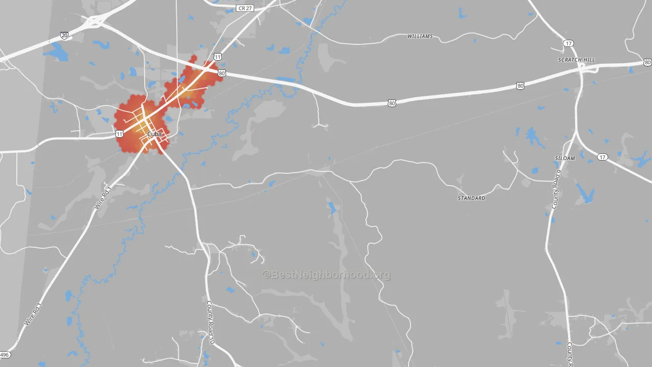 Walk Grade map of Siloam, AL, walkable areas in green and car-dependent areas in red