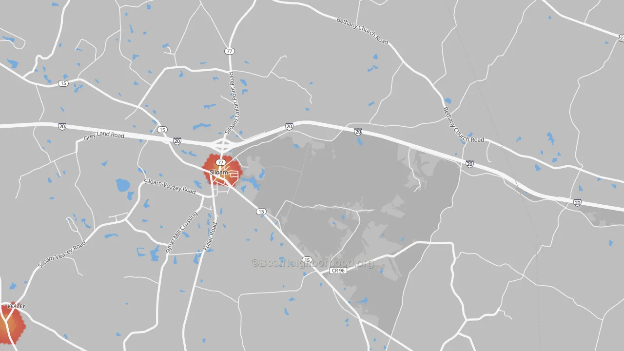 Walk Grade map of Siloam, GA, walkable areas in green and car-dependent areas in red