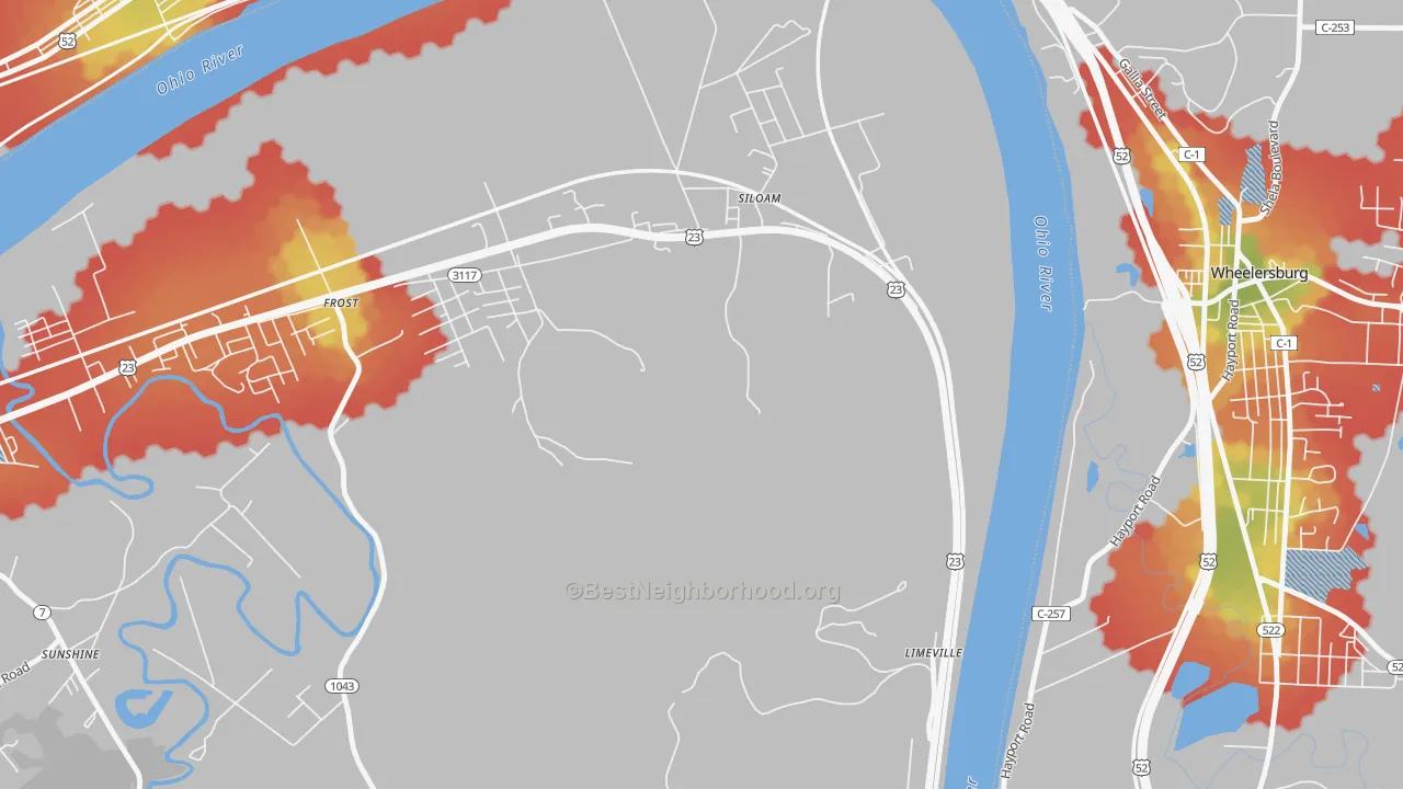 Walk Grade map of Siloam, KY, walkable areas in green and car-dependent areas in red