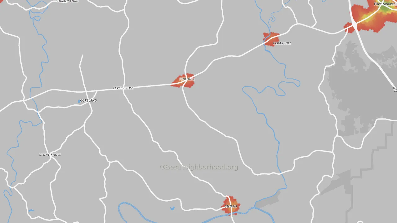 Walk Grade map of Siloam, NC, walkable areas in green and car-dependent areas in red