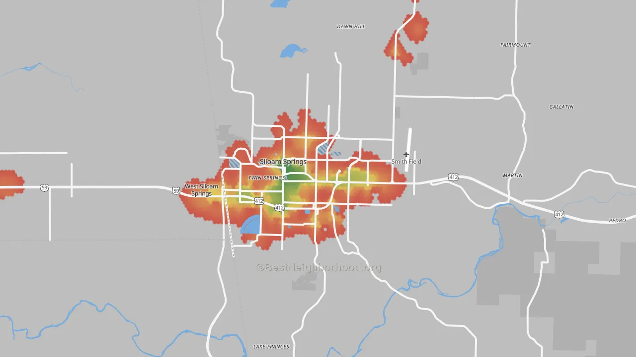Walk Grade map of Siloam Springs, AR, walkable areas in green and car-dependent areas in red