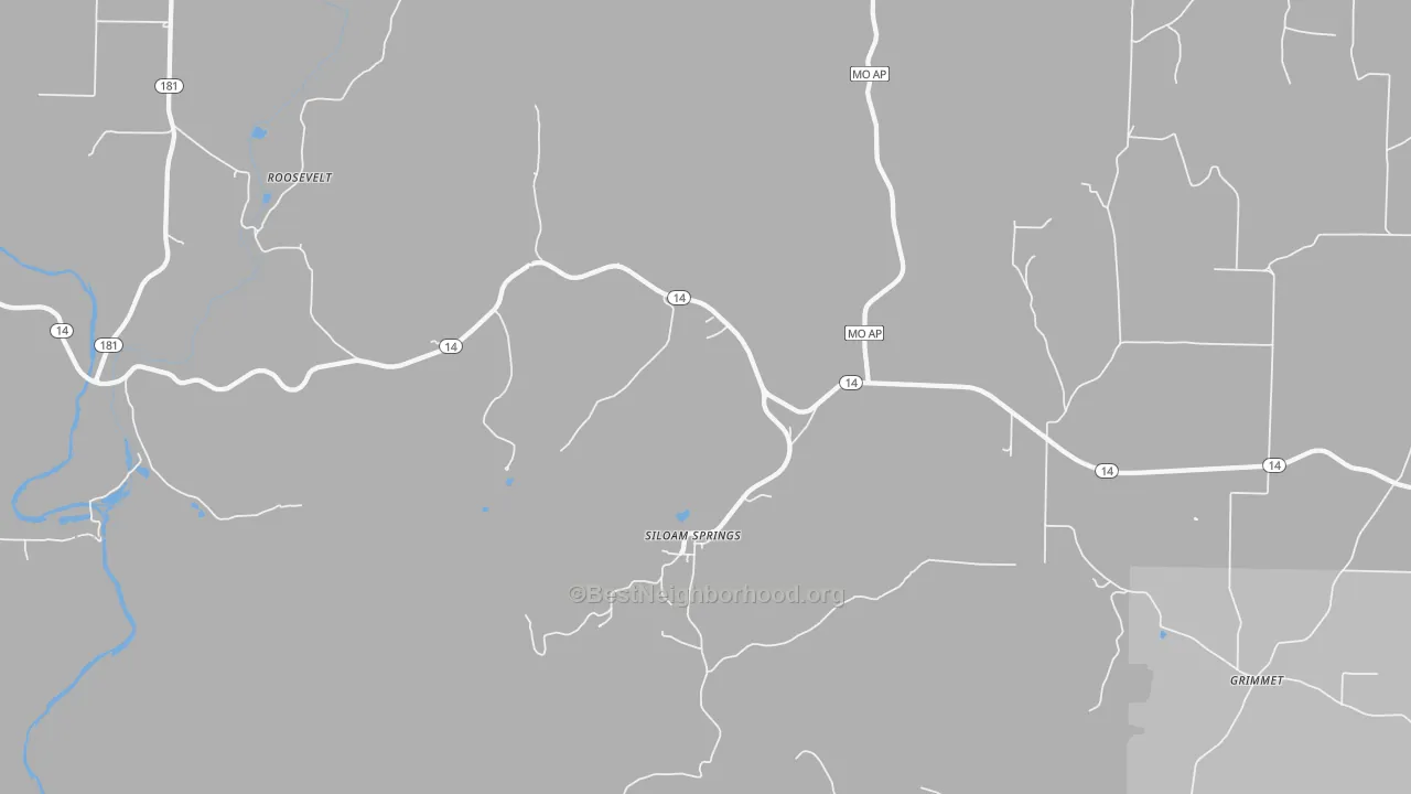 Walk Grade map of Siloam Springs, MO, walkable areas in green and car-dependent areas in red