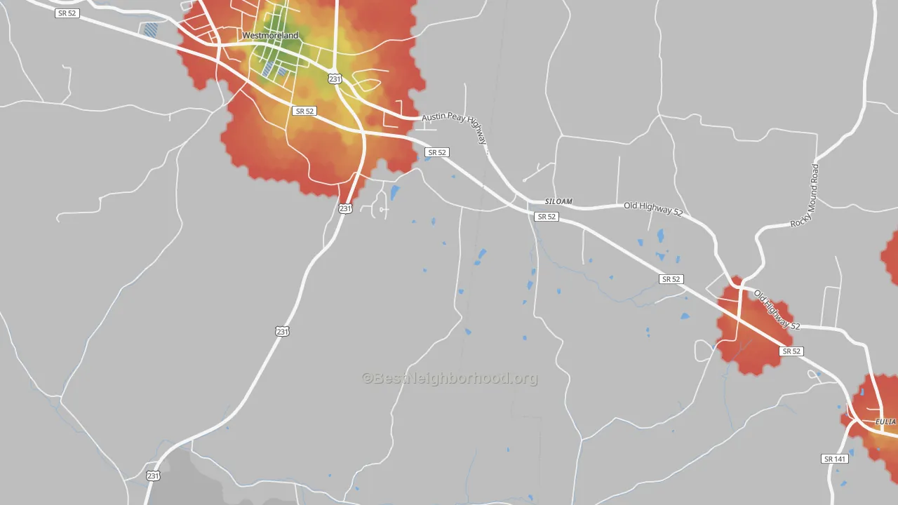 Walk Grade map of Siloam, TN, walkable areas in green and car-dependent areas in red