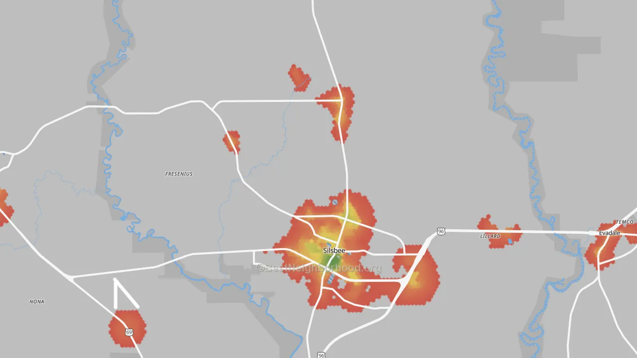 Walk Grade map of Silsbee, TX, walkable areas in green and car-dependent areas in red