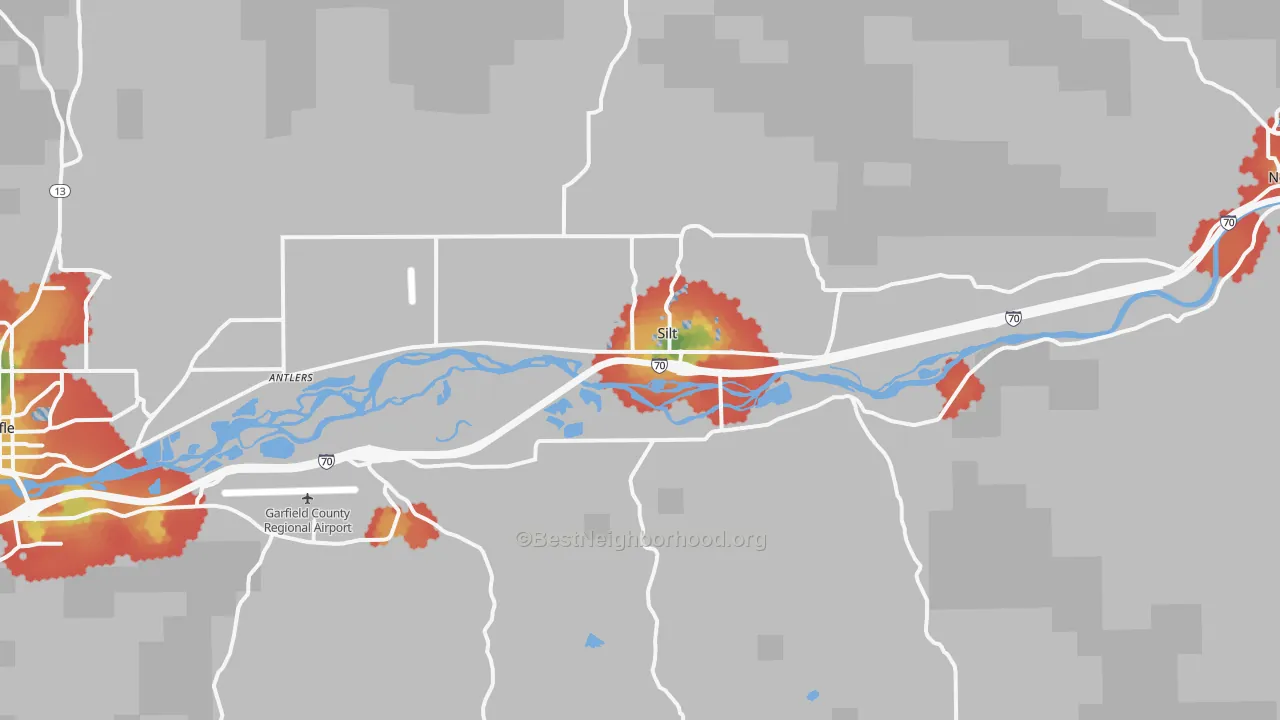Walk Grade map of Silt, CO, walkable areas in green and car-dependent areas in red