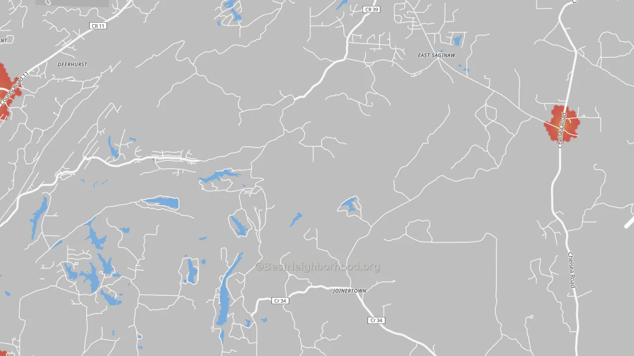 Walk Grade map of Siluria, AL, walkable areas in green and car-dependent areas in red