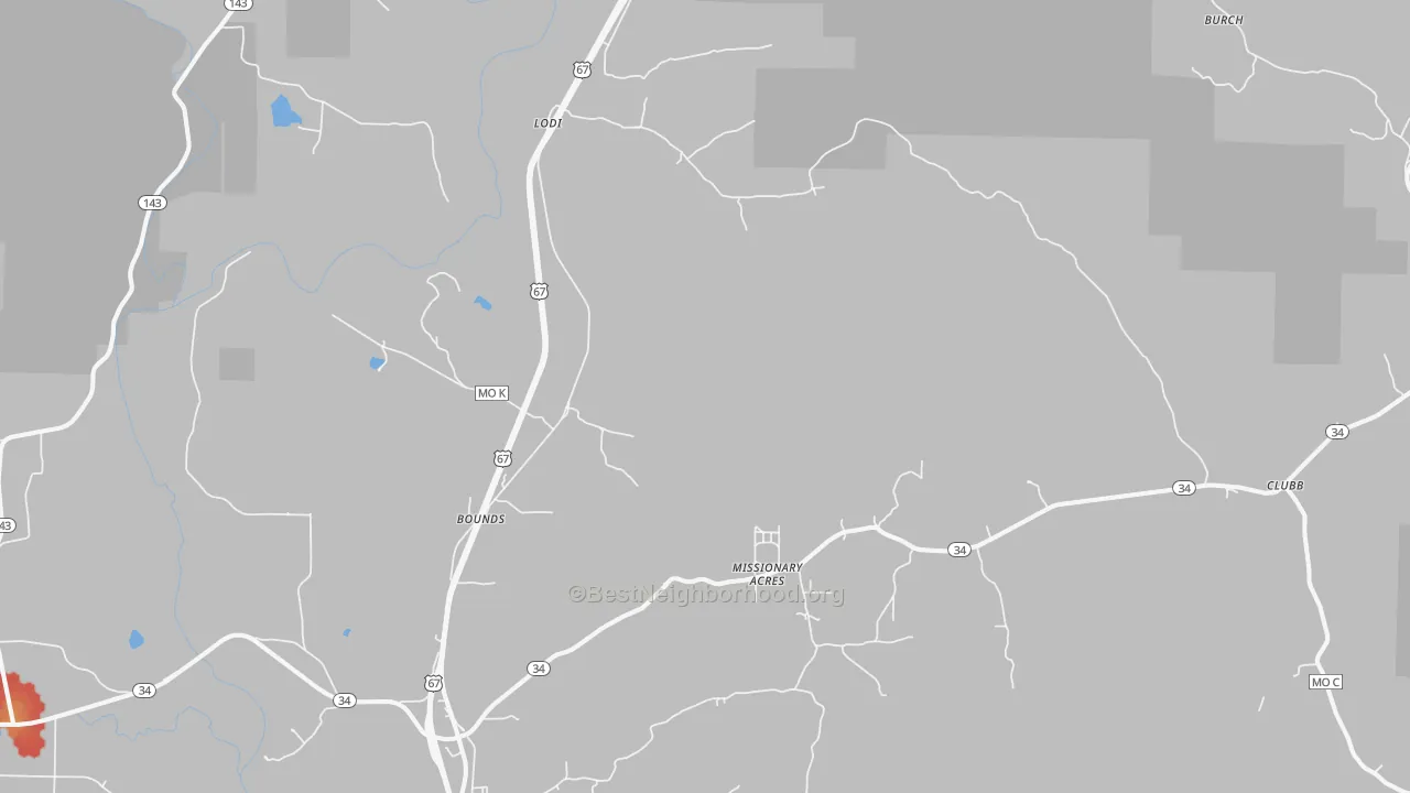 Walk Grade map of Silva, MO, walkable areas in green and car-dependent areas in red