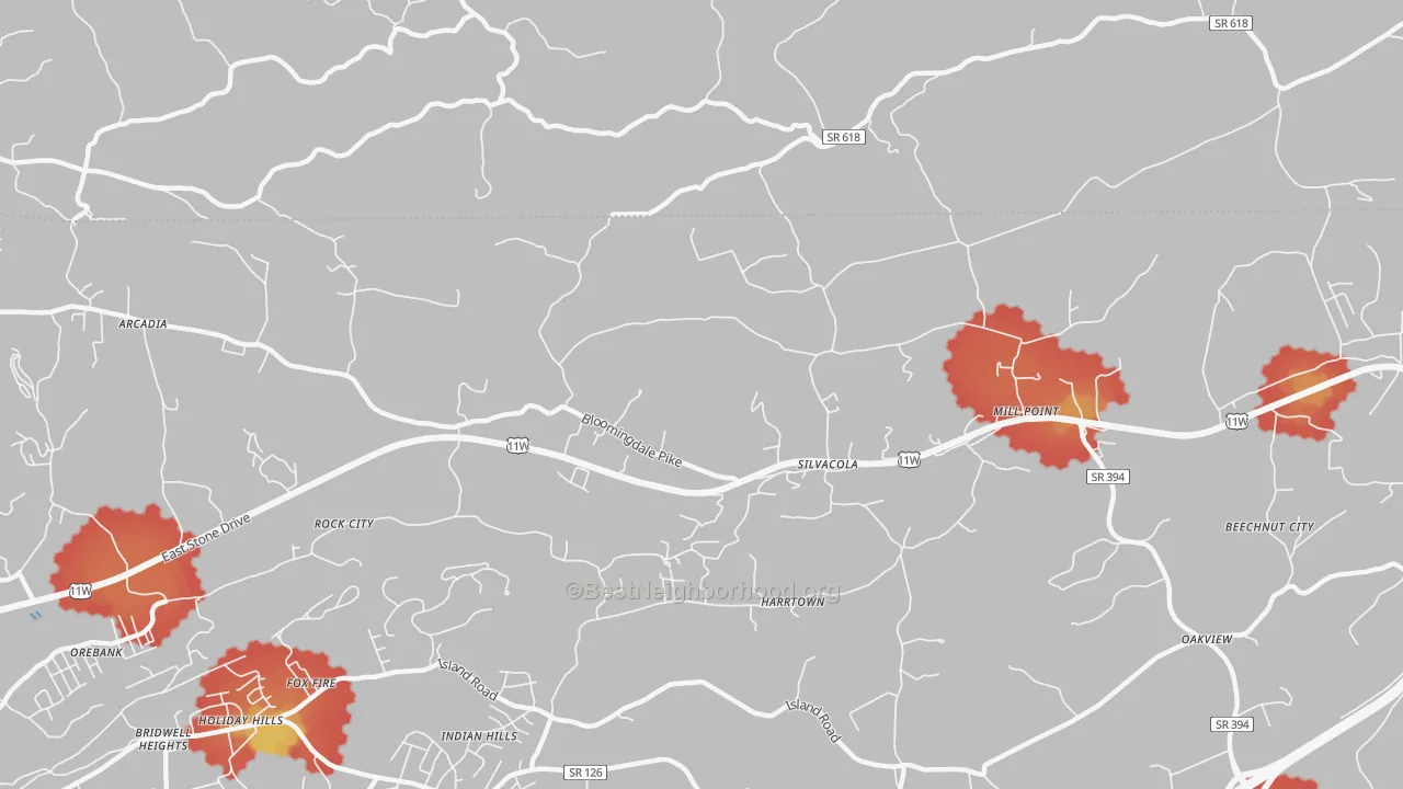 Walk Grade map of Silvacola, TN, walkable areas in green and car-dependent areas in red