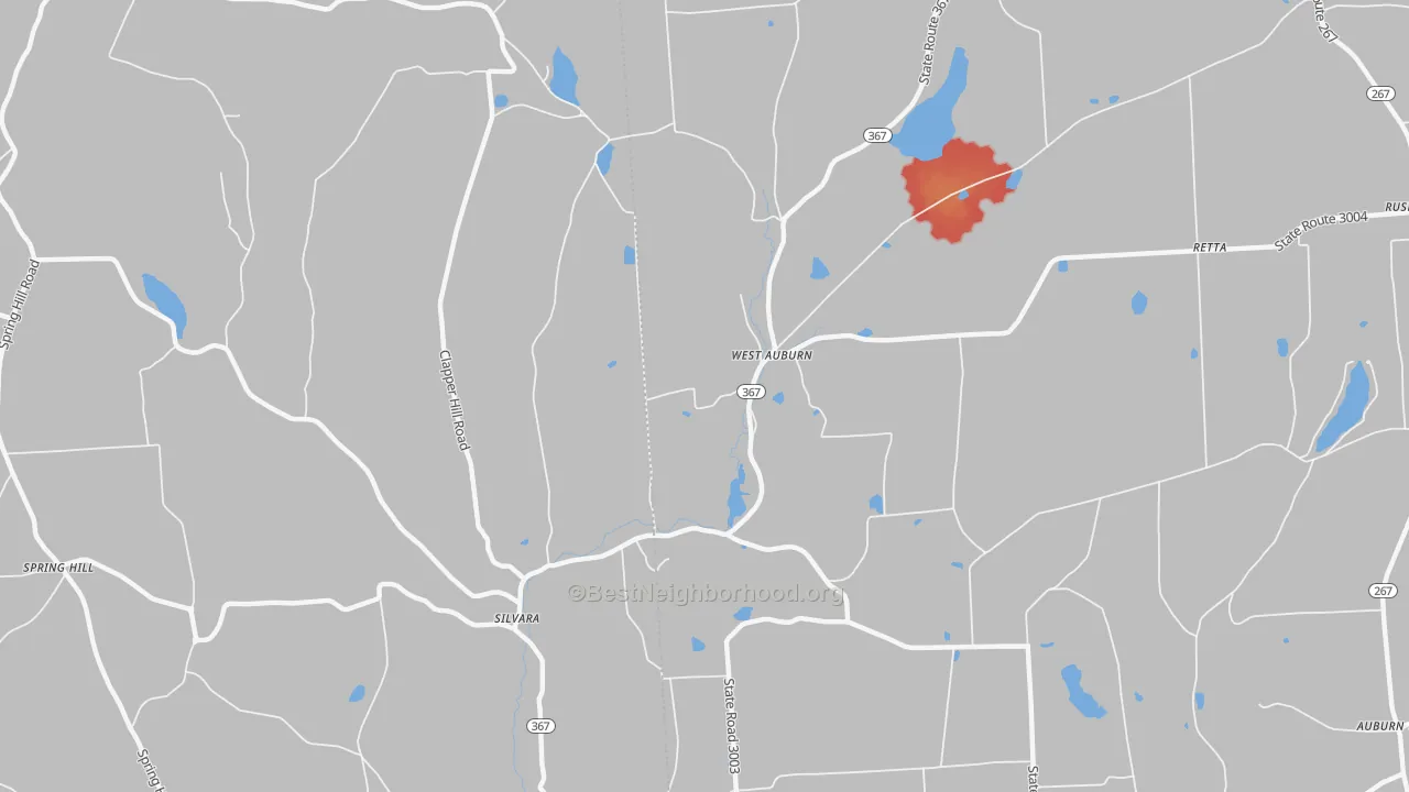 Walk Grade map of Silvara, PA, walkable areas in green and car-dependent areas in red