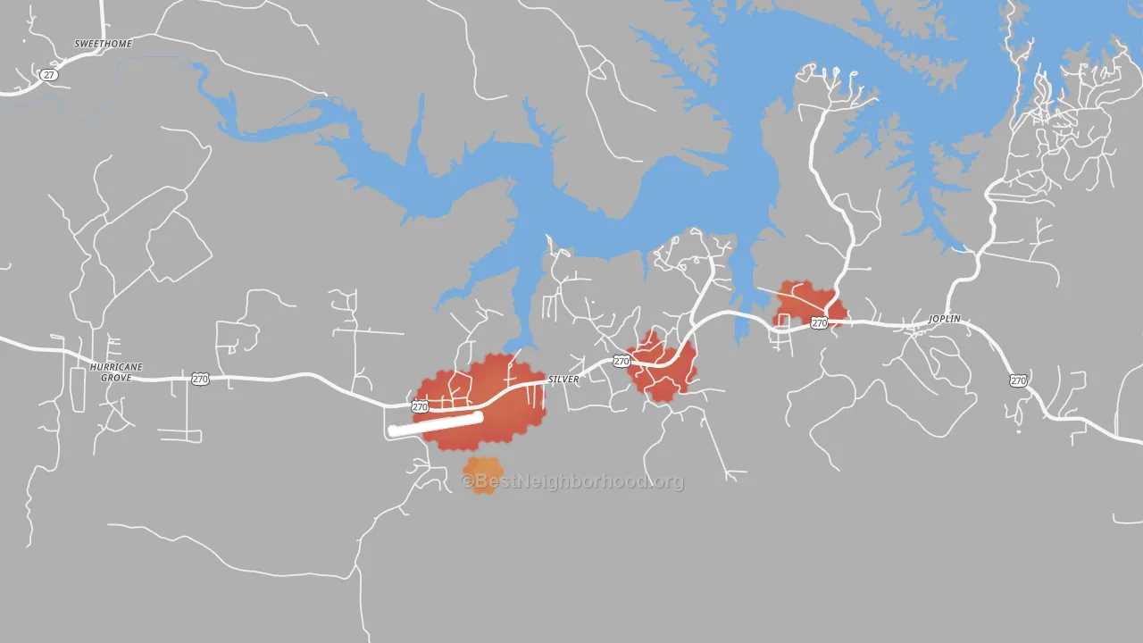 Walk Grade map of Silver, AR, walkable areas in green and car-dependent areas in red