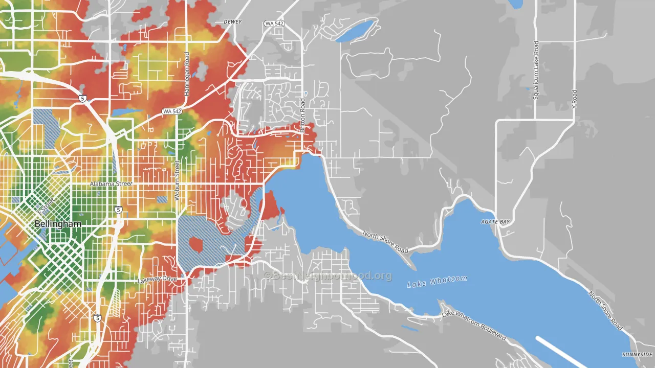 Walk Grade map of Silver Beach, Bellingham, WA, walkable areas in green and car-dependent areas in red