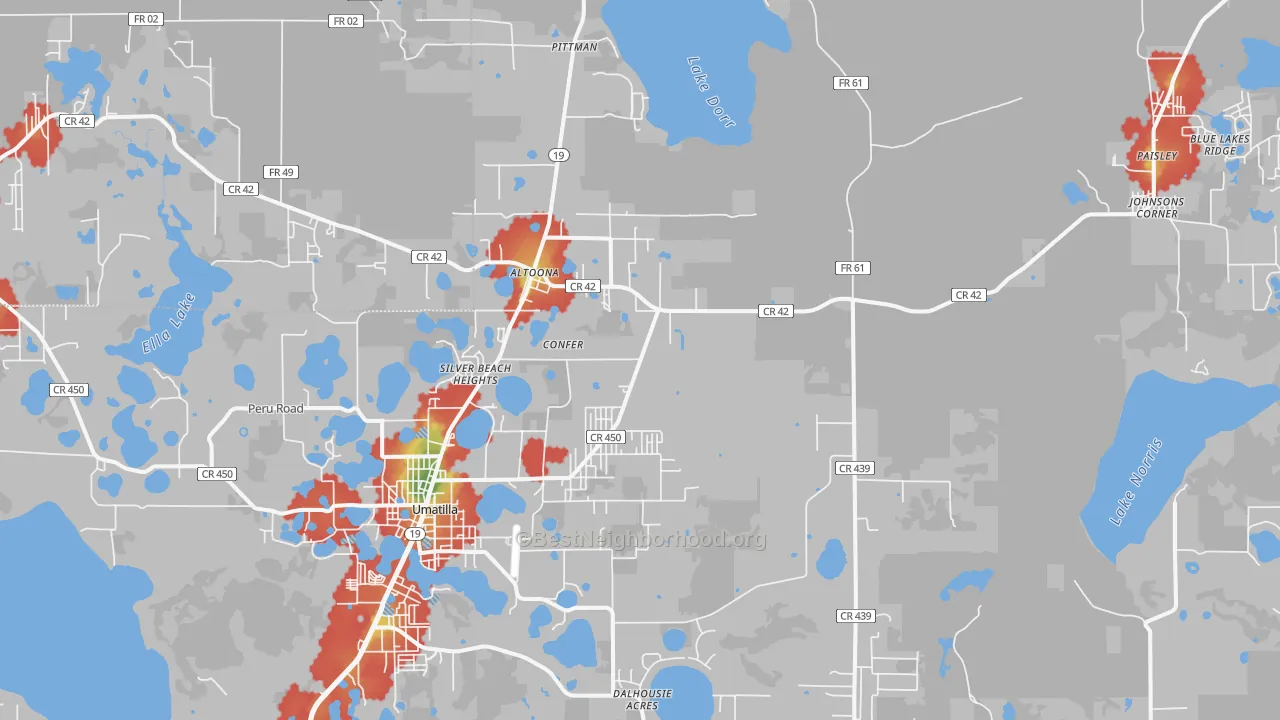 Walk Grade map of Silver Beach Heights, FL, walkable areas in green and car-dependent areas in red