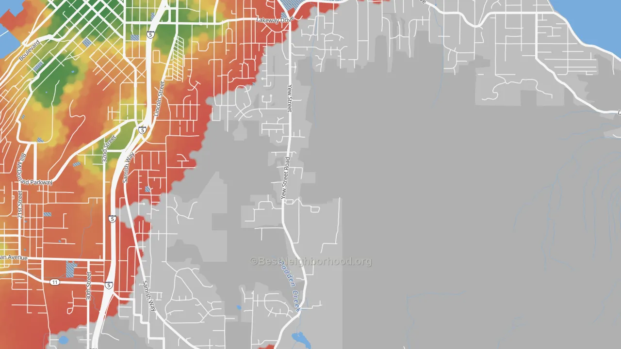 Walk Grade map of Silver Beach, WA, walkable areas in green and car-dependent areas in red