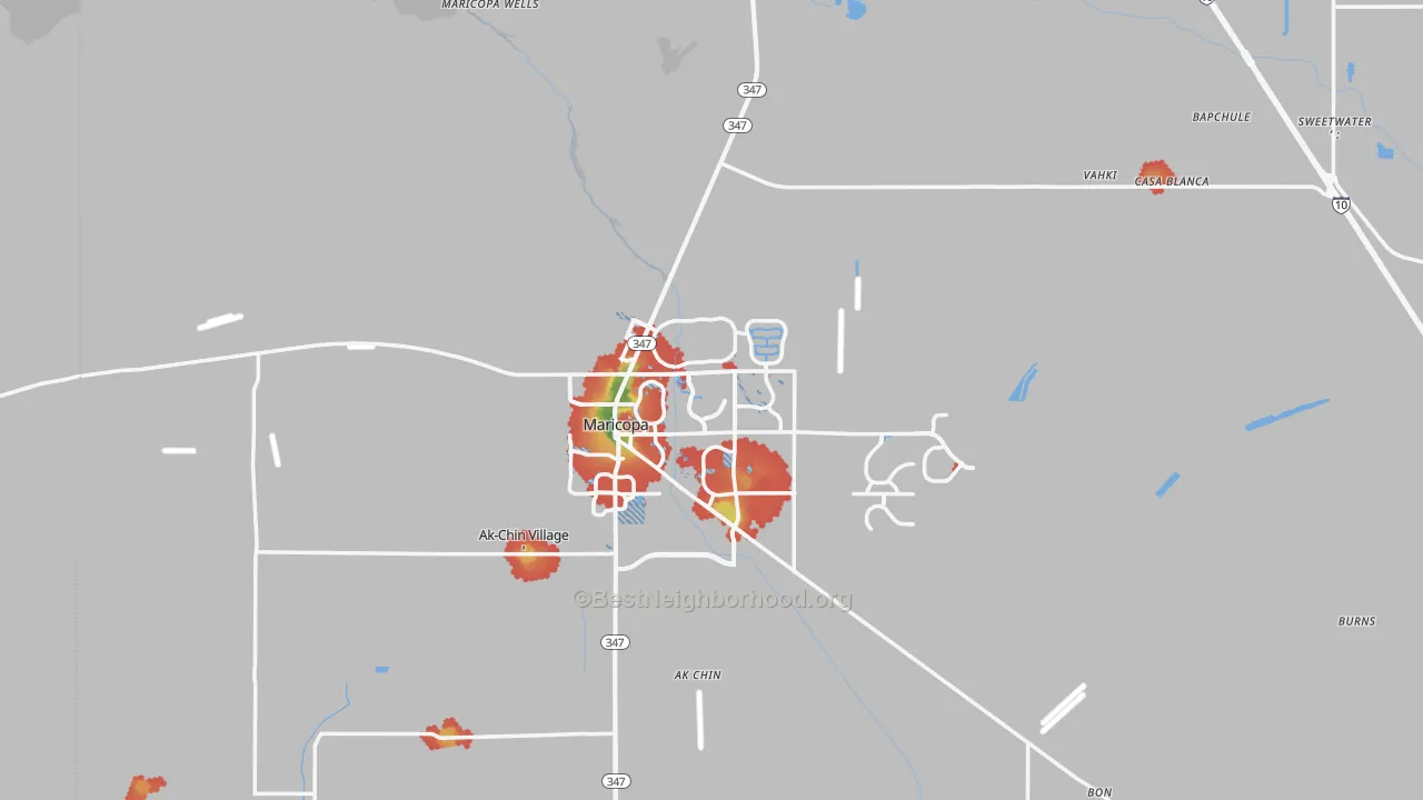 Walk Grade map of Silver Bell, AZ, walkable areas in green and car-dependent areas in red