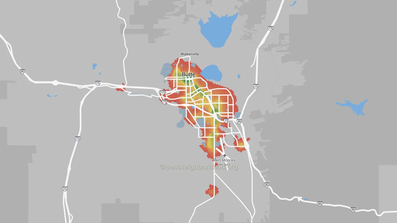 Walk Grade map of Silver Bow County, MT, walkable areas in green and car-dependent areas in red