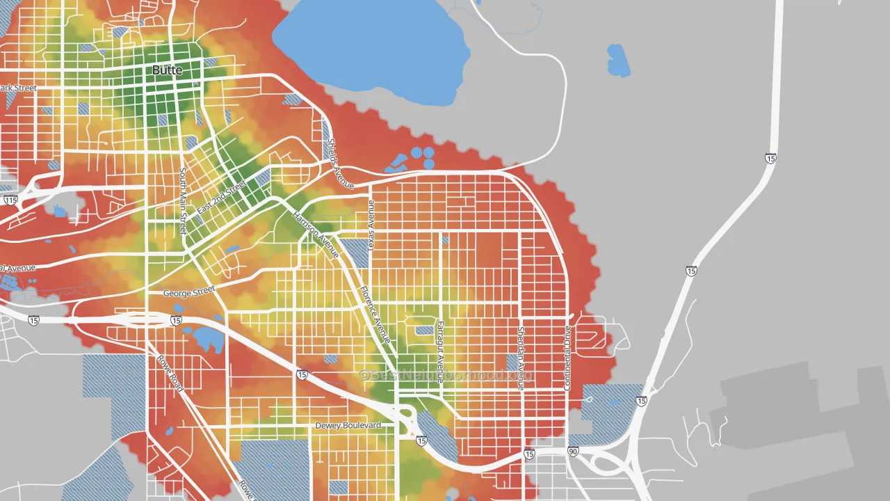 Walk Grade map of Silver Bow Park, Butte, MT, walkable areas in green and car-dependent areas in red
