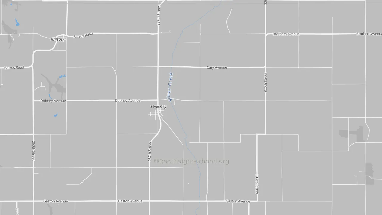 Walk Grade map of Silver City, IA, walkable areas in green and car-dependent areas in red