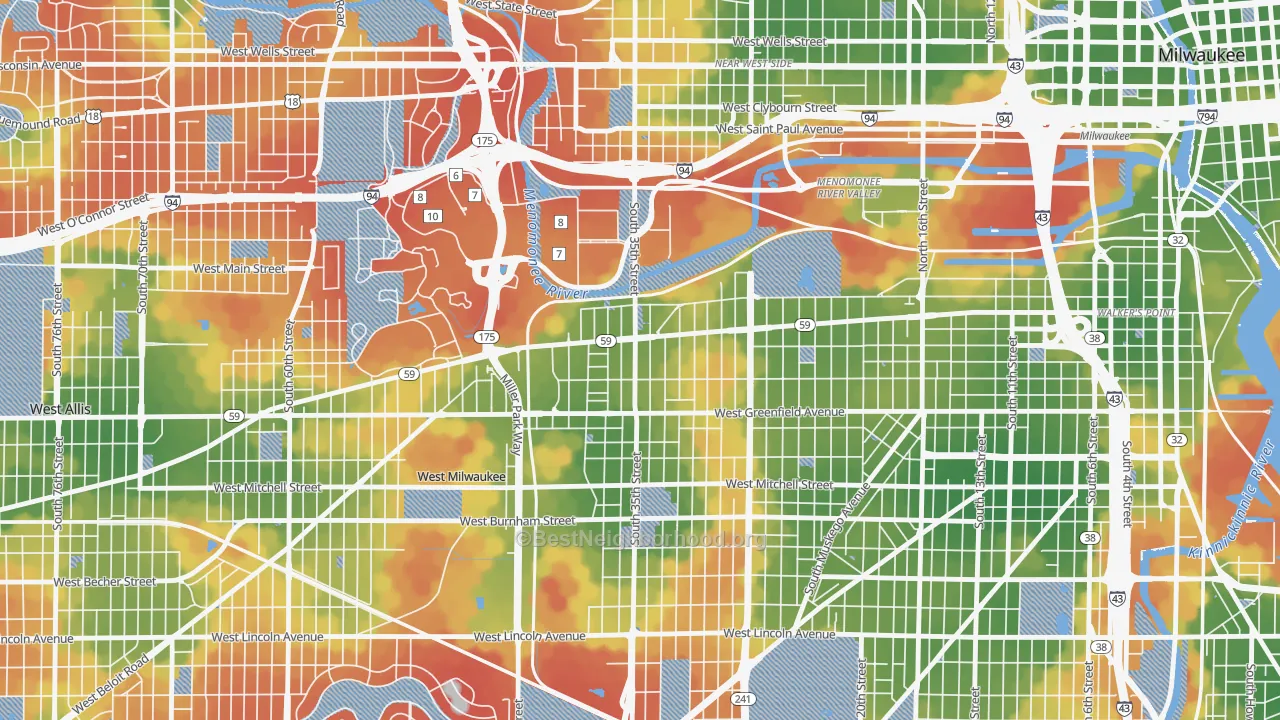 Walk Grade map of Silver City, Milwaukee, WI, walkable areas in green and car-dependent areas in red