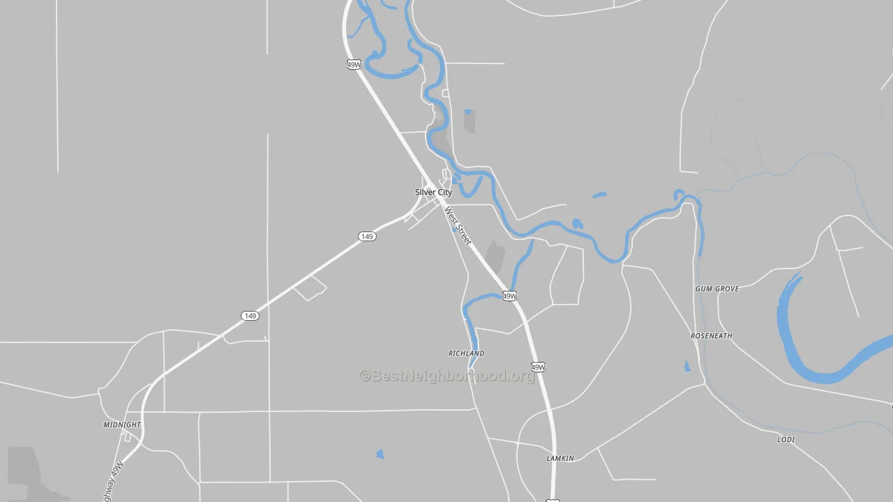 Walk Grade map of Silver City, MS, walkable areas in green and car-dependent areas in red