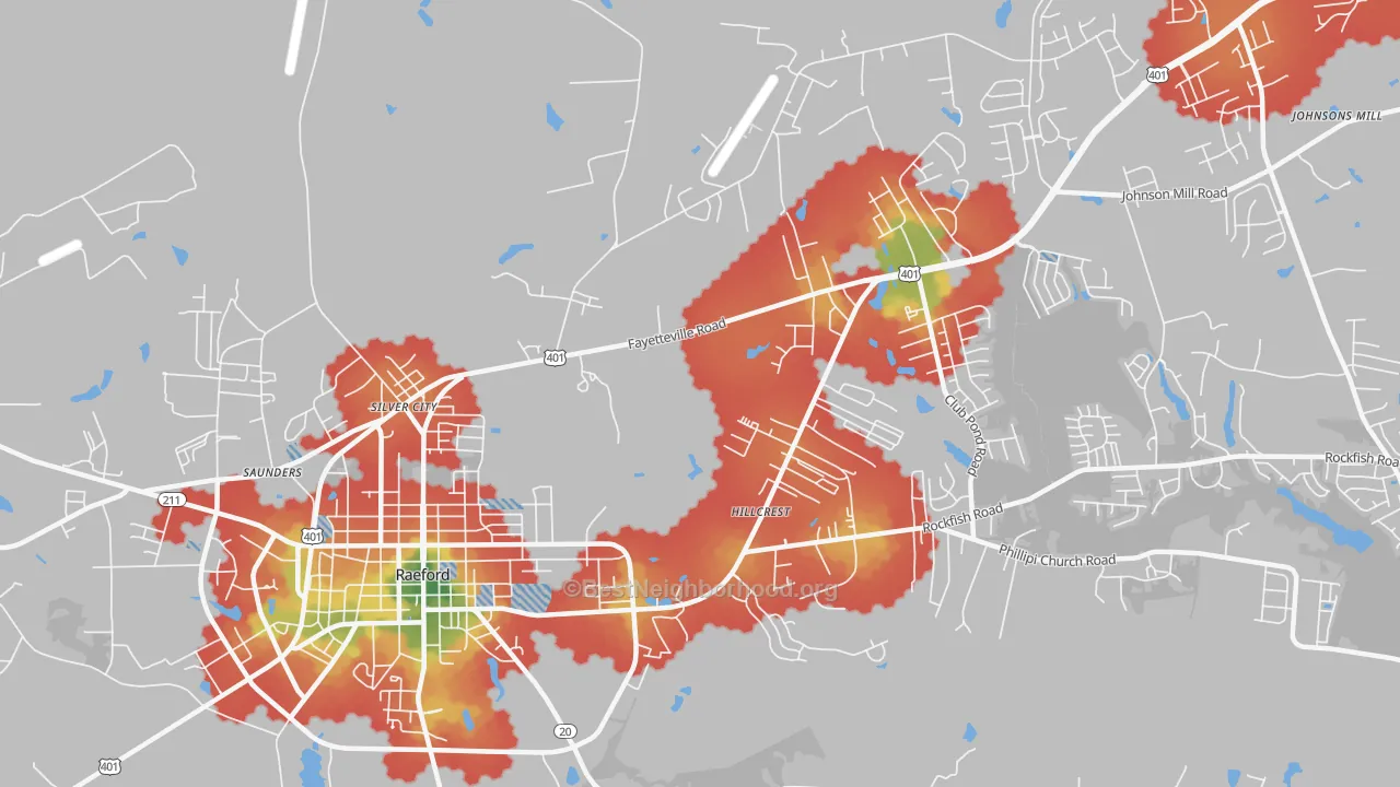 Walk Grade map of Silver City, NC, walkable areas in green and car-dependent areas in red