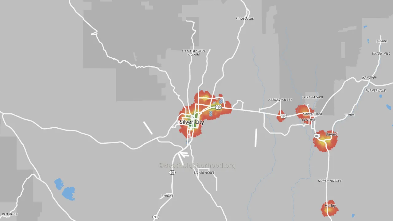 Walk Grade map of Silver City, NM, walkable areas in green and car-dependent areas in red