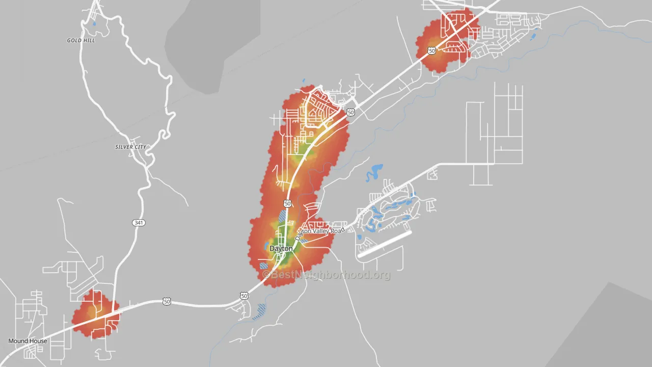 Walk Grade map of Silver City, NV, walkable areas in green and car-dependent areas in red