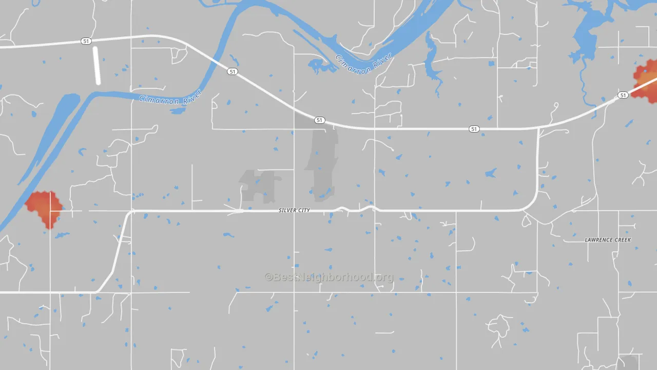 Walk Grade map of Silver City, OK, walkable areas in green and car-dependent areas in red