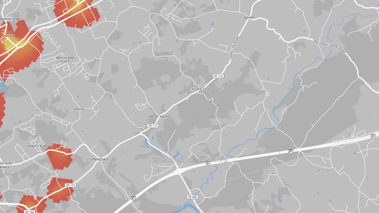 Walk Grade map of Silver City, TN, walkable areas in green and car-dependent areas in red
