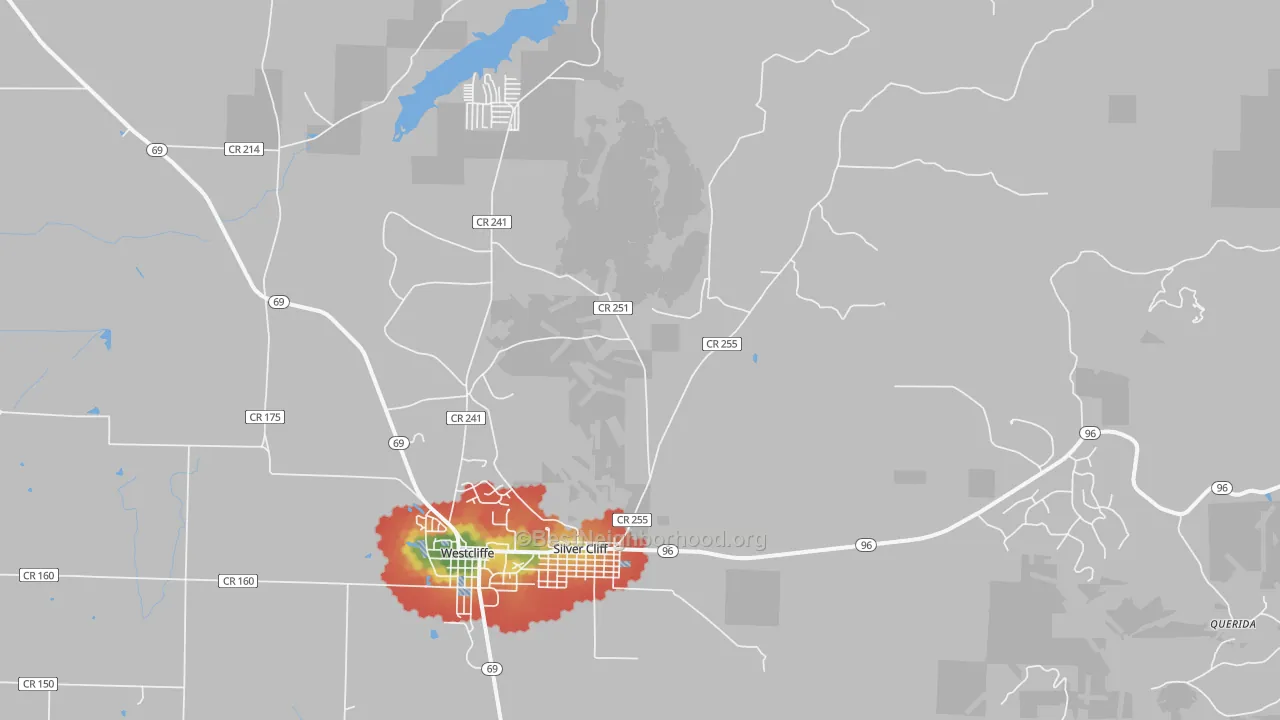 Walk Grade map of Silver Cliff, CO, walkable areas in green and car-dependent areas in red