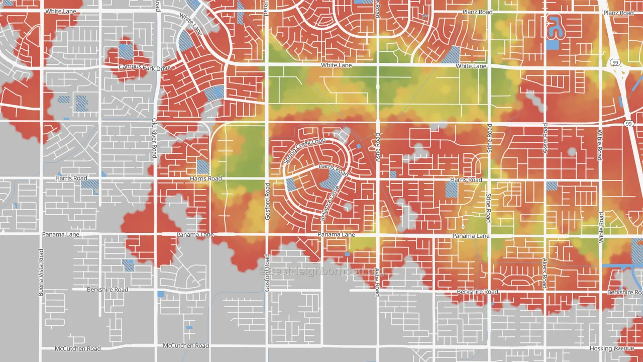 Walk Grade map of Silver Creek, Bakersfield, CA, walkable areas in green and car-dependent areas in red