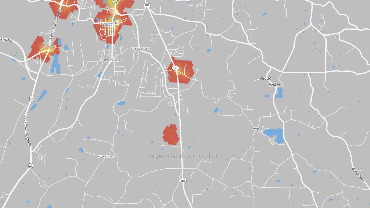 Walk Grade map of Silver Creek, GA, walkable areas in green and car-dependent areas in red