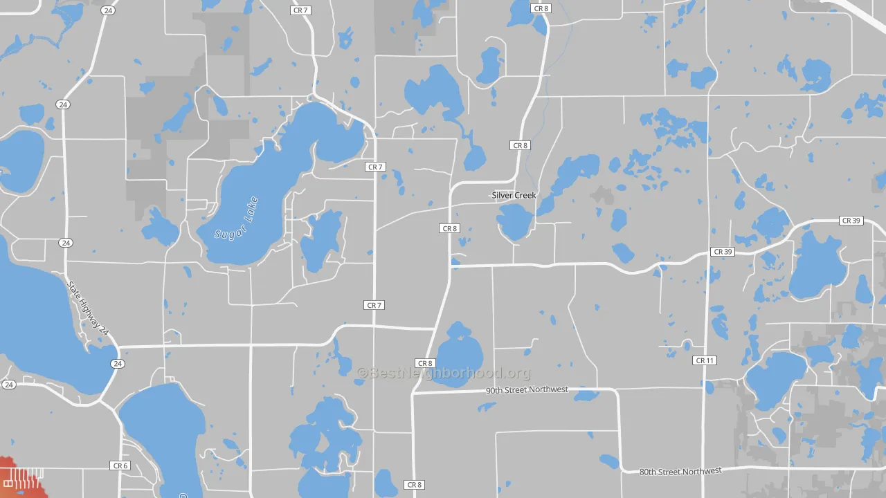 Walk Grade map of Silver Creek, MN, walkable areas in green and car-dependent areas in red
