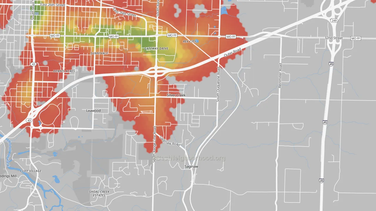 Walk Grade map of Silver Creek, MO, walkable areas in green and car-dependent areas in red