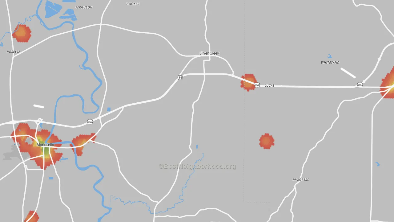 Walk Grade map of Silver Creek, MS, walkable areas in green and car-dependent areas in red