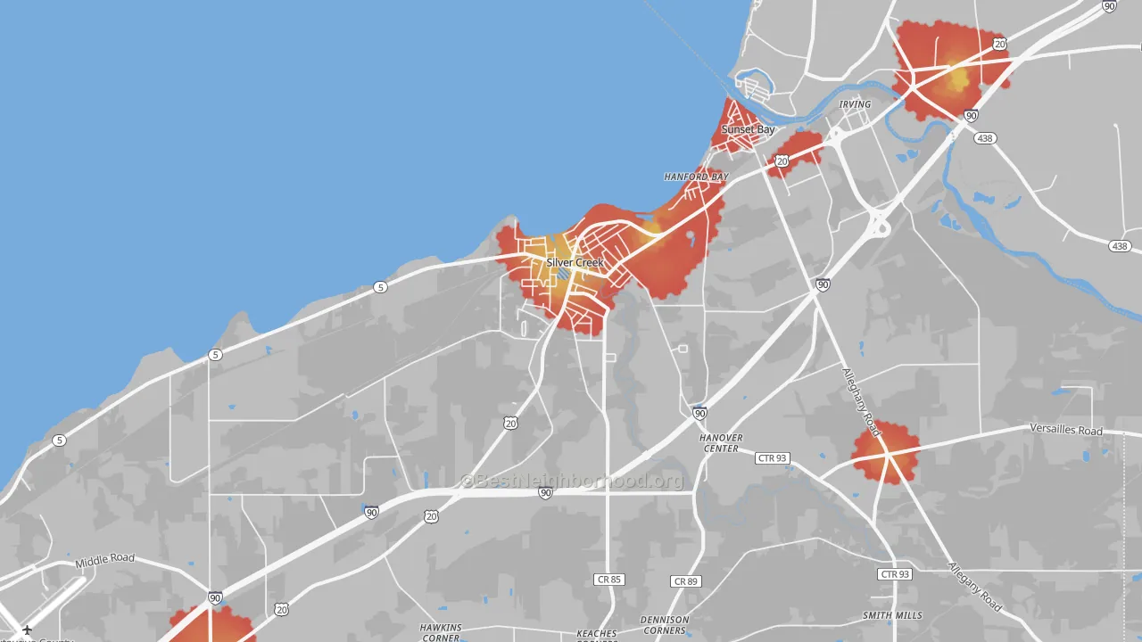 Walk Grade map of Silver Creek, NY, walkable areas in green and car-dependent areas in red