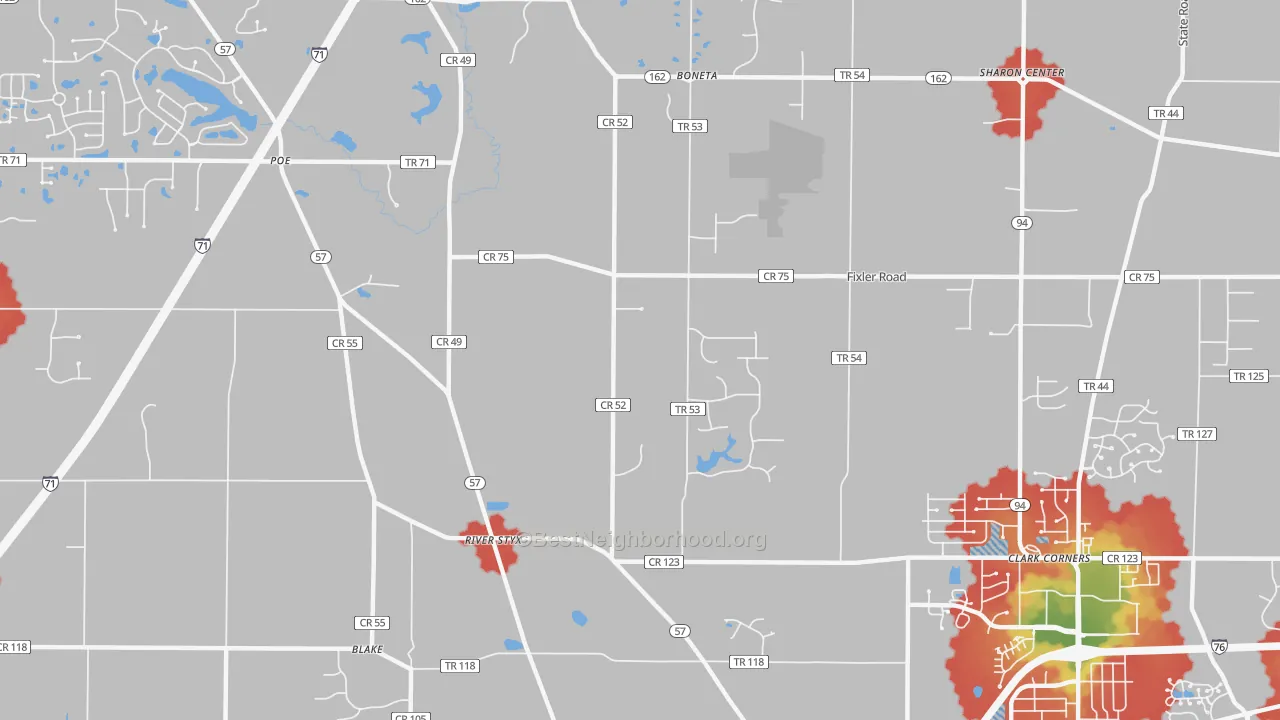 Walk Grade map of Silver Creek, OH, walkable areas in green and car-dependent areas in red