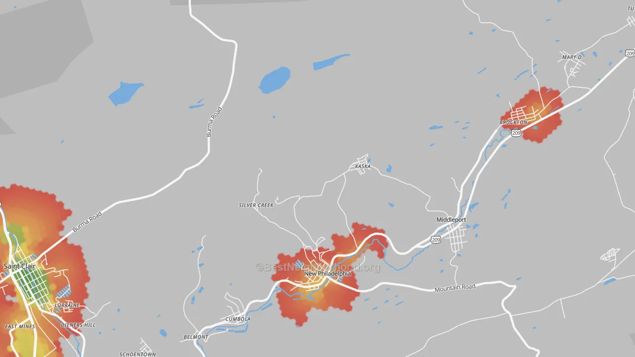 Walk Grade map of Silver Creek, PA, walkable areas in green and car-dependent areas in red