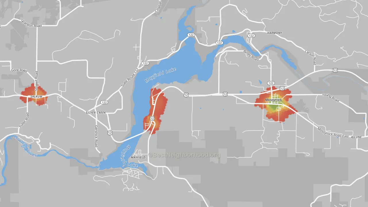 Walk Grade map of Silver Creek, WA, walkable areas in green and car-dependent areas in red