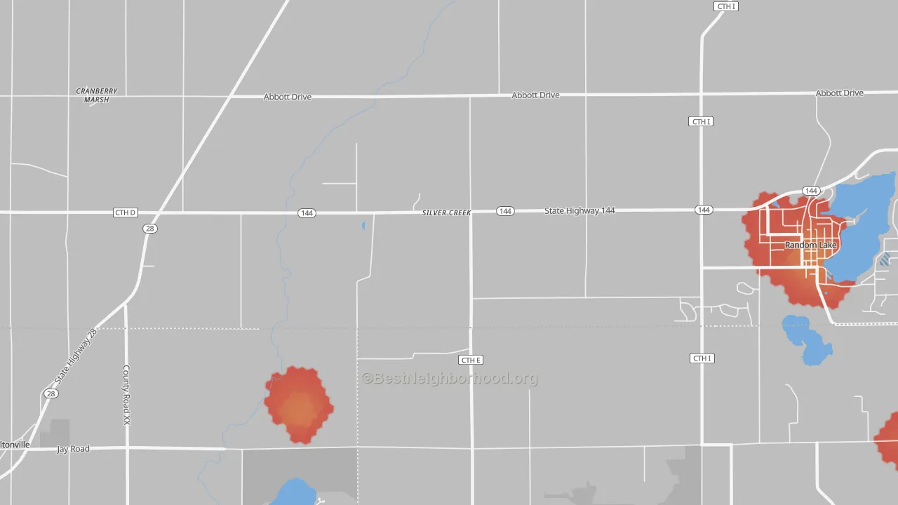 Walk Grade map of Silver Creek, WI, walkable areas in green and car-dependent areas in red