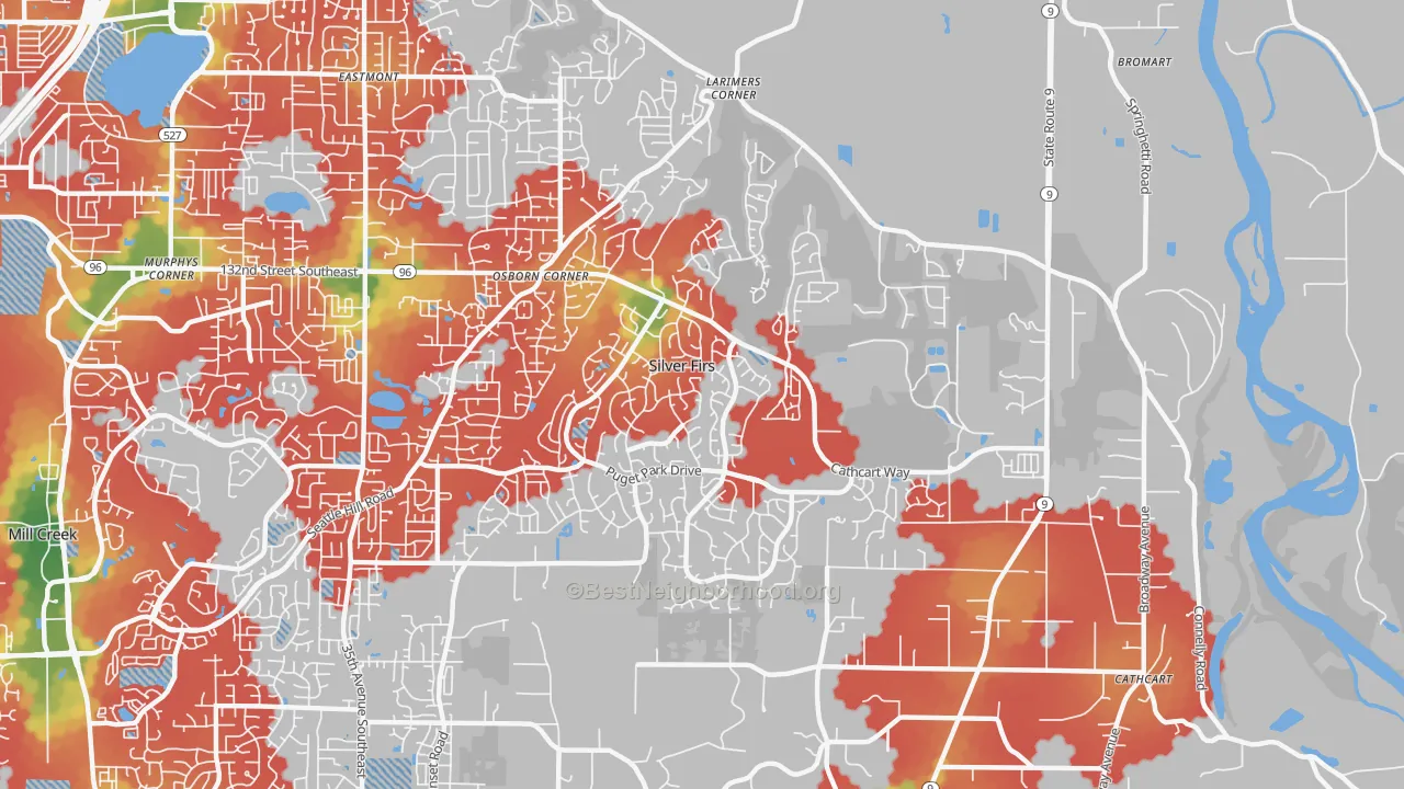 Walk Grade map of Silver Firs, WA, walkable areas in green and car-dependent areas in red